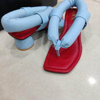 Women's Bold Red & Blue Puffy Strap Square Toe Sandals – Trendy Casual Flip Flops