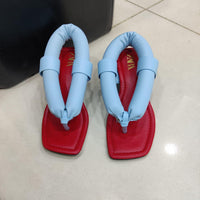 Women's Bold Red & Blue Puffy Strap Square Toe Sandals – Trendy Casual Flip Flops