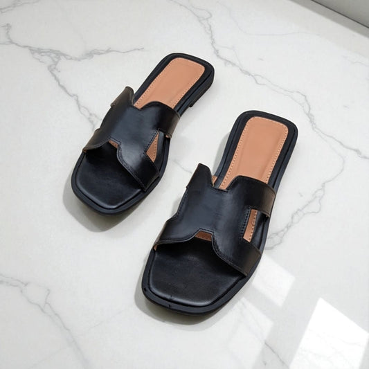 Bella Cross Slide – Black Flat Slip-On Sandals for Women