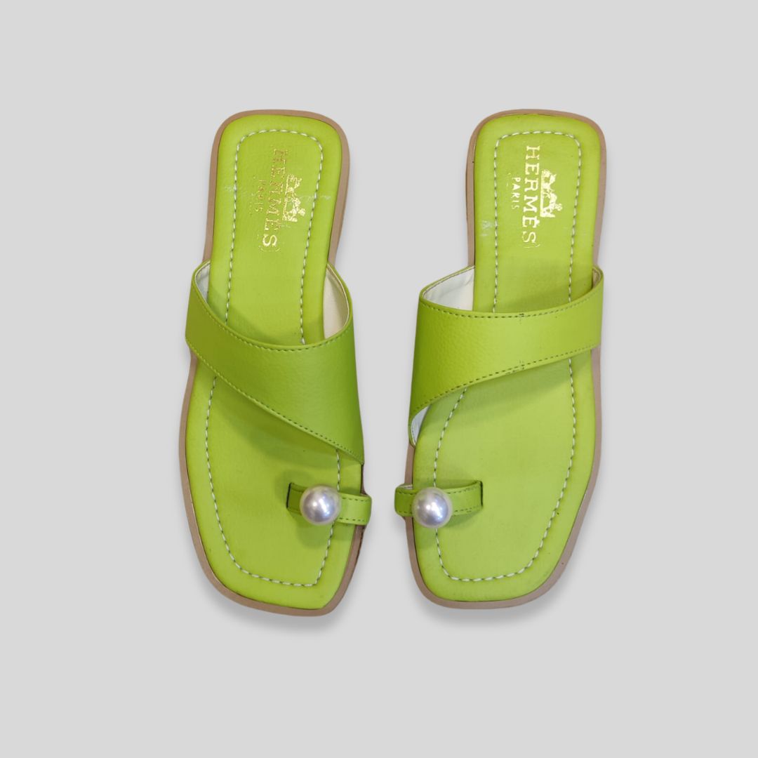 Women's Lime Green Toe Ring Flats with Pearl Detail – Stylish Summer Sandals