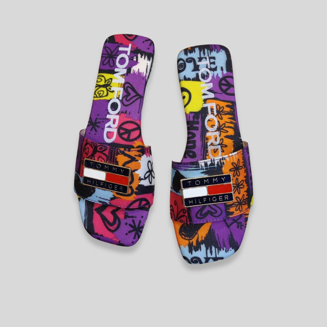 To-m Fo-rd x Tom-my Hilfi-ger Inspired Multicolor Graffiti Slides – Street Style Women’s Sandals