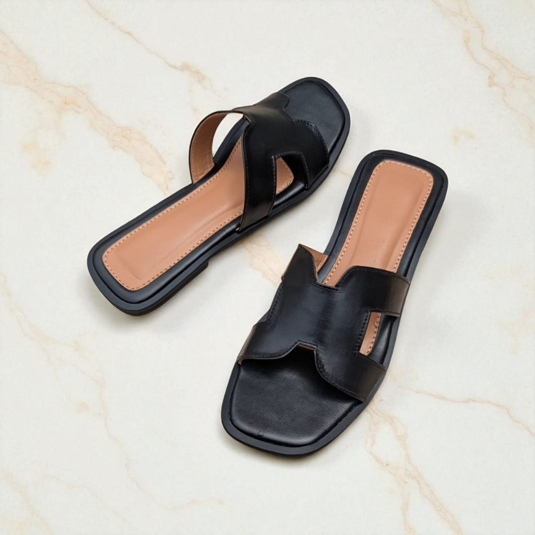 Bella Cross Slide – Black Flat Slip-On Sandals for Women