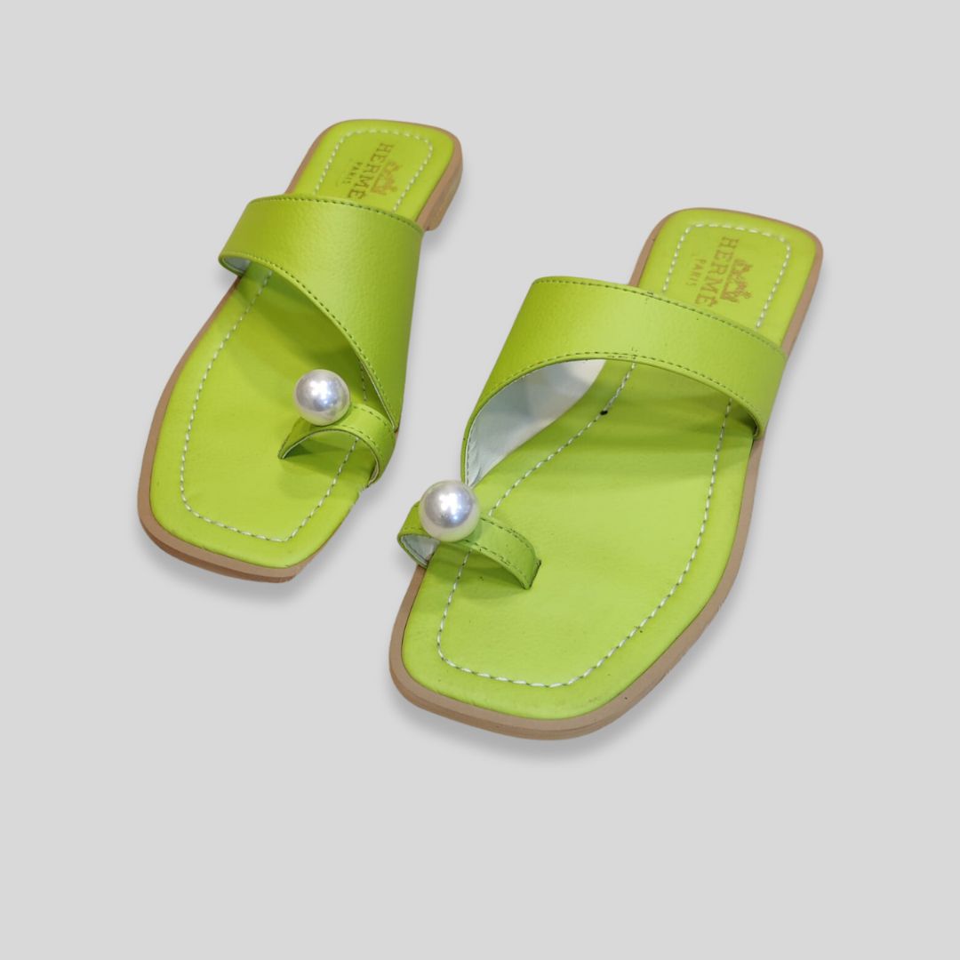 Women's Lime Green Toe Ring Flats with Pearl Detail – Stylish Summer Sandals