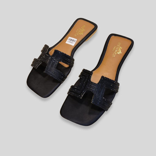 Elegant Black H-Strap Studded Flat Sandals – H-erm-es Inspired Women’s Footwear