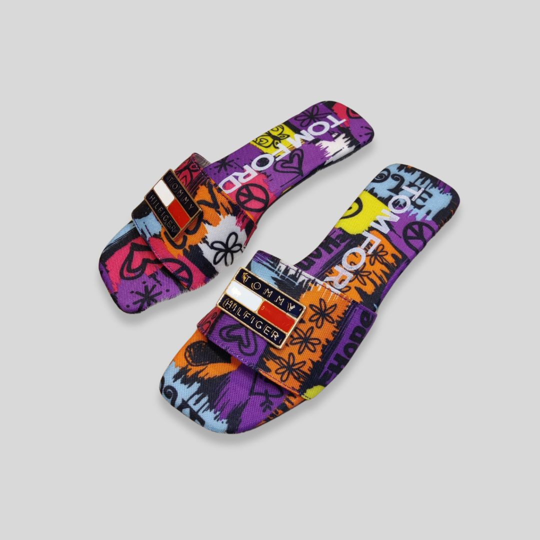 To-m Fo-rd x Tom-my Hilfi-ger Inspired Multicolor Graffiti Slides – Street Style Women’s Sandals