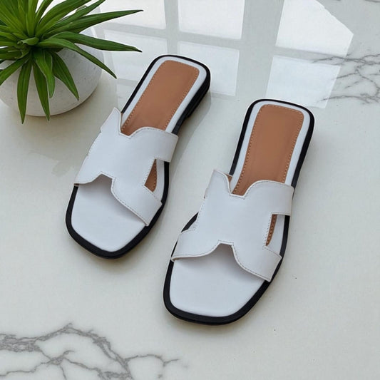 Bella Cross Slide – White Flat Slip-On Sandals for Women