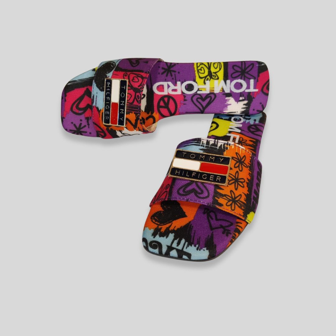 To-m Fo-rd x Tom-my Hilfi-ger Inspired Multicolor Graffiti Slides – Street Style Women’s Sandals