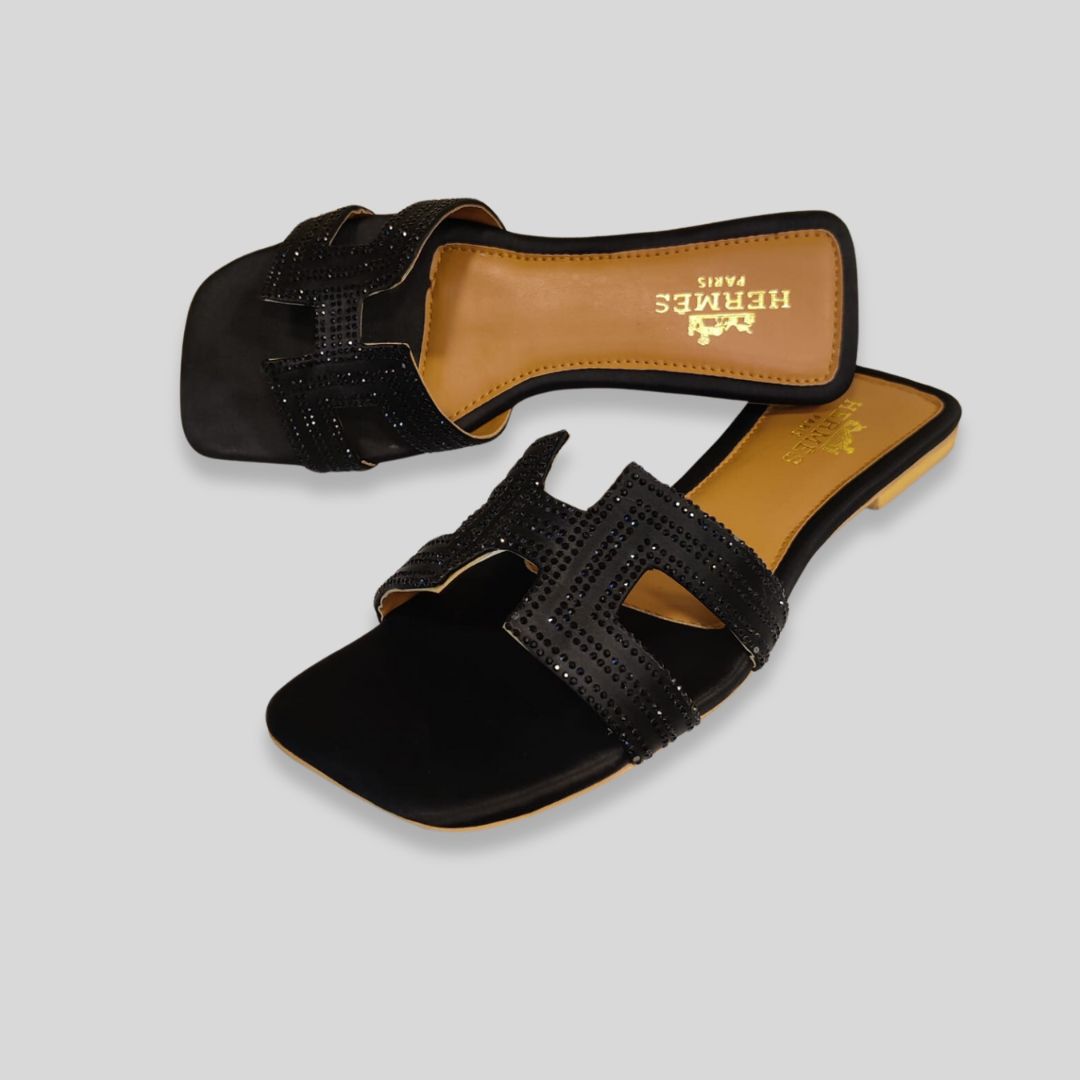 Elegant Black H-Strap Studded Flat Sandals – H-erm-es Inspired Women’s Footwear