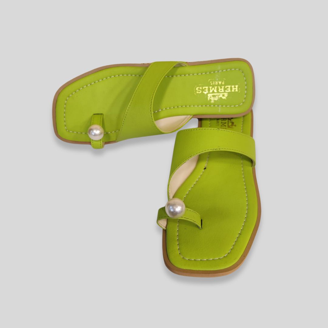 Women's Lime Green Toe Ring Flats with Pearl Detail – Stylish Summer Sandals