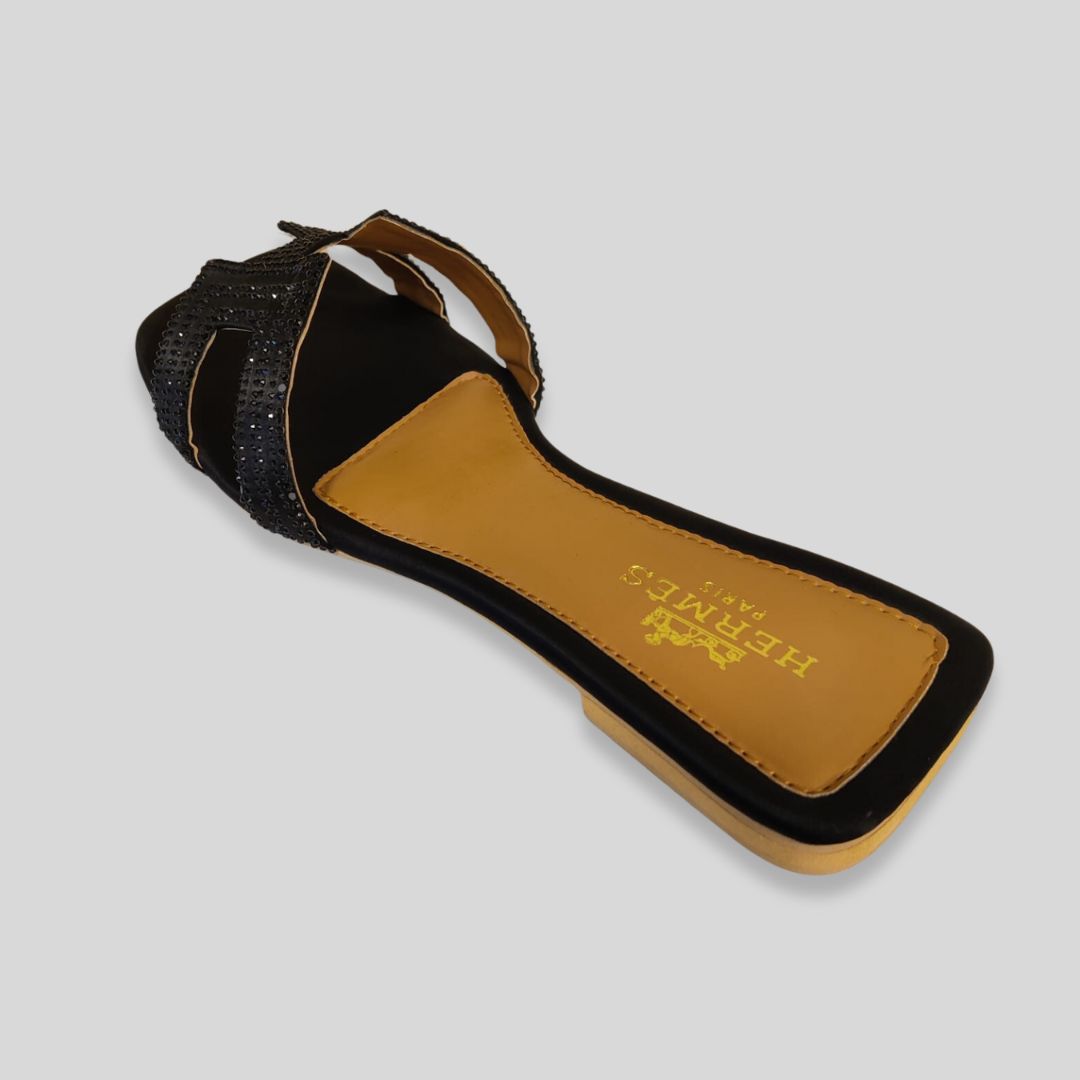 Elegant Black H-Strap Studded Flat Sandals – H-erm-es Inspired Women’s Footwear