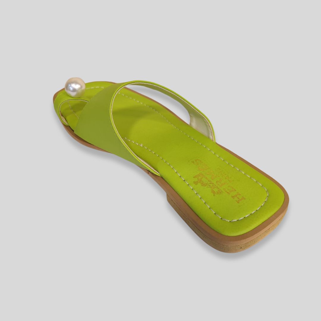 Women's Lime Green Toe Ring Flats with Pearl Detail – Stylish Summer Sandals