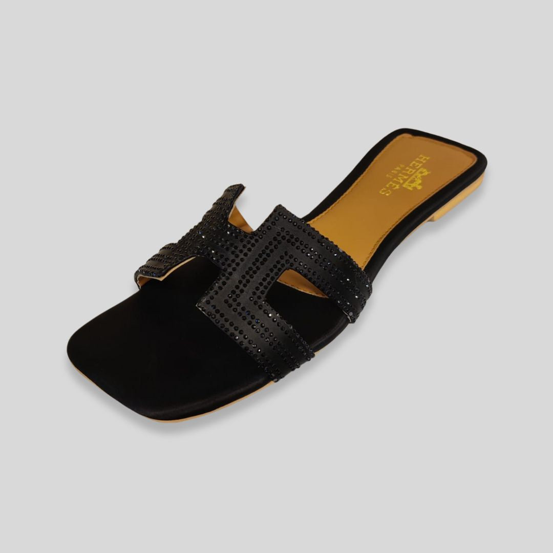 Elegant Black H-Strap Studded Flat Sandals – H-erm-es Inspired Women’s Footwear