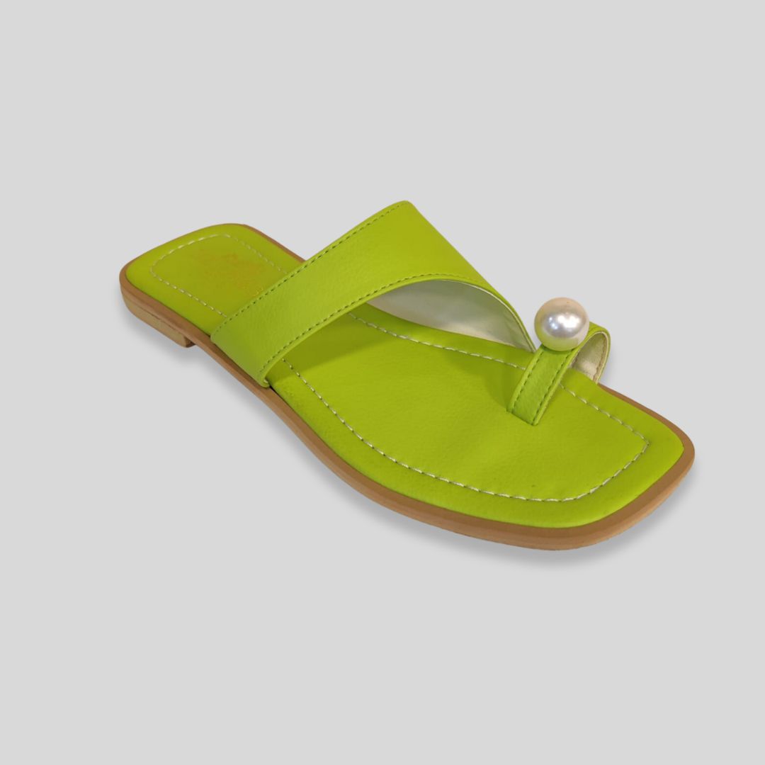 Women's Lime Green Toe Ring Flats with Pearl Detail – Stylish Summer Sandals