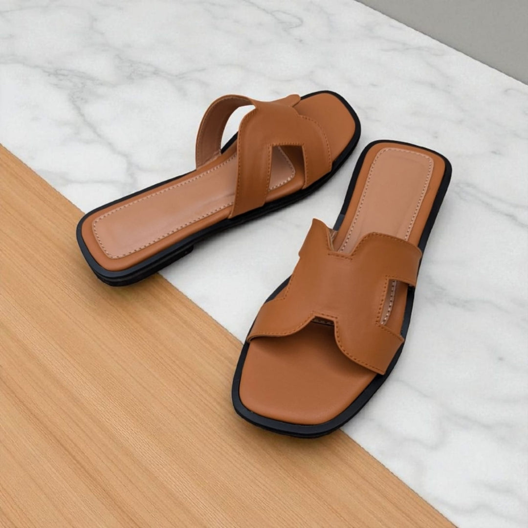 Bella Cross Slide – Mustard Flat Slip-On Sandals for Women