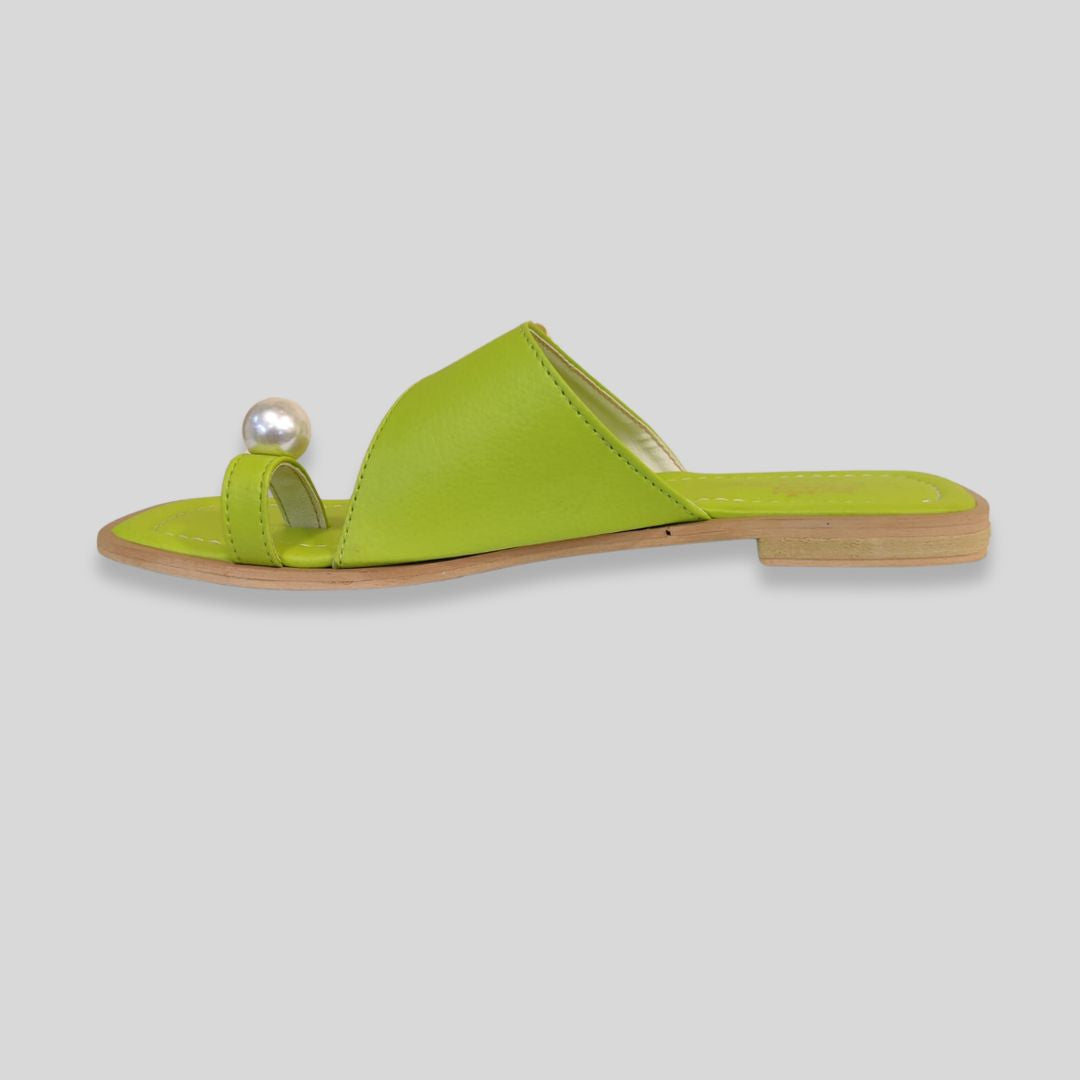 Women's Lime Green Toe Ring Flats with Pearl Detail – Stylish Summer Sandals