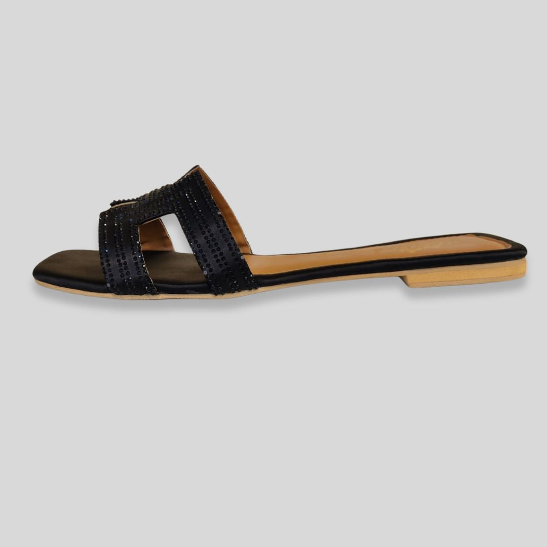 Elegant Black H-Strap Studded Flat Sandals – H-erm-es Inspired Women’s Footwear
