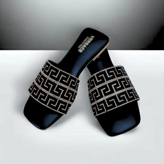 Women's Black Designer Slides with Greek Key Rhinestone Detailing – Luxury Flat Sandals