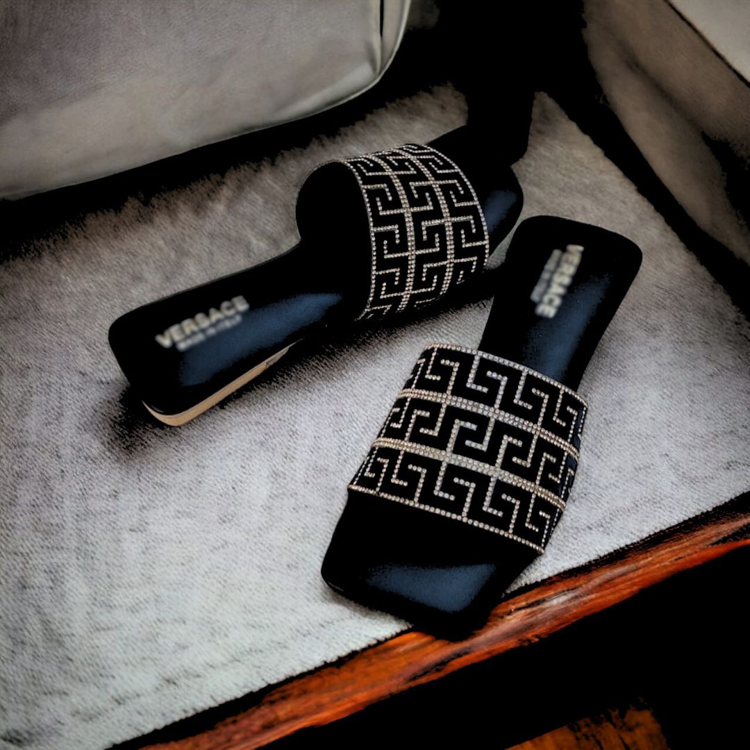Women's Black Designer Slides with Greek Key Rhinestone Detailing – Luxury Flat Sandals
