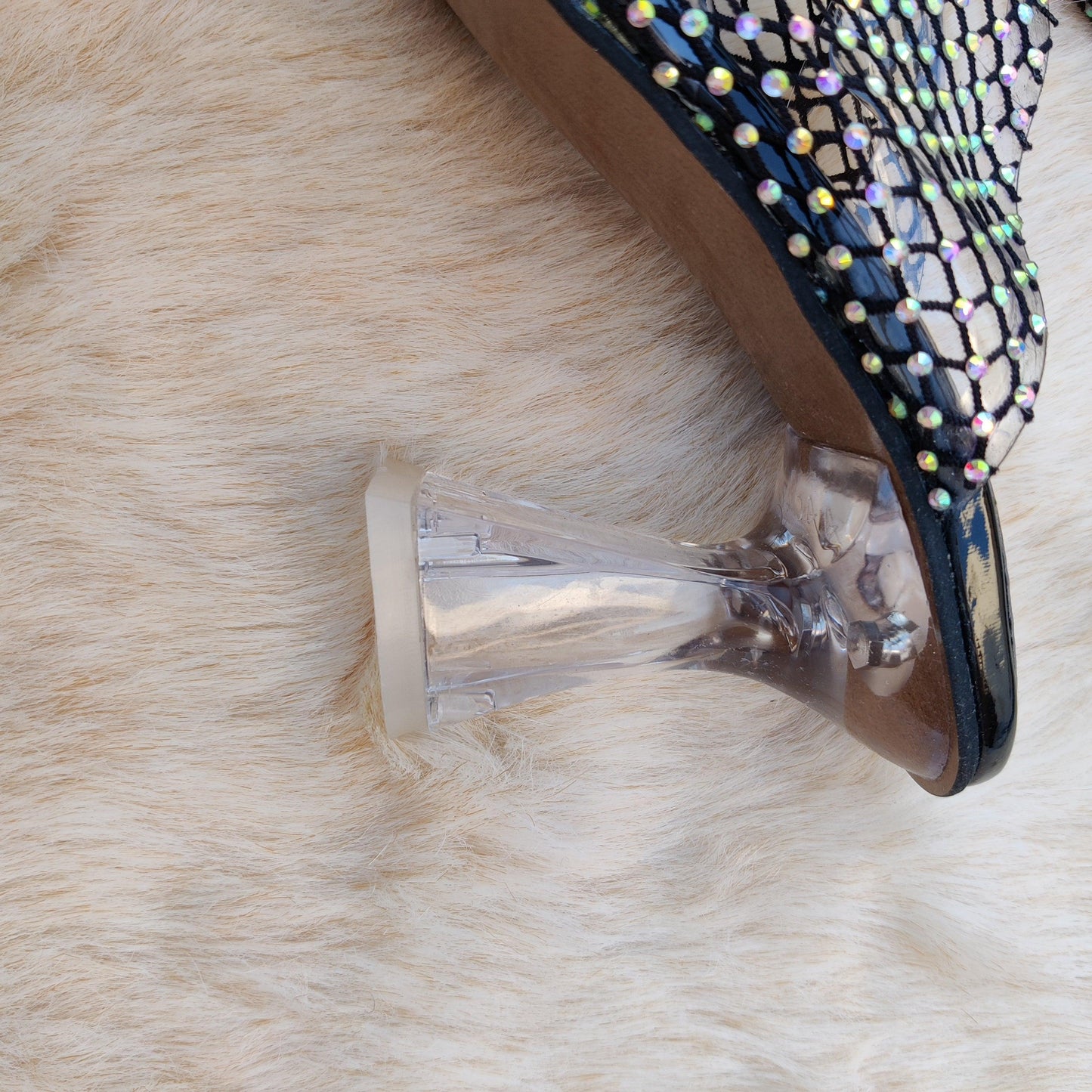 Black Crystal Mesh Slip-On Heels – Transparent Block Heel Mules for Women