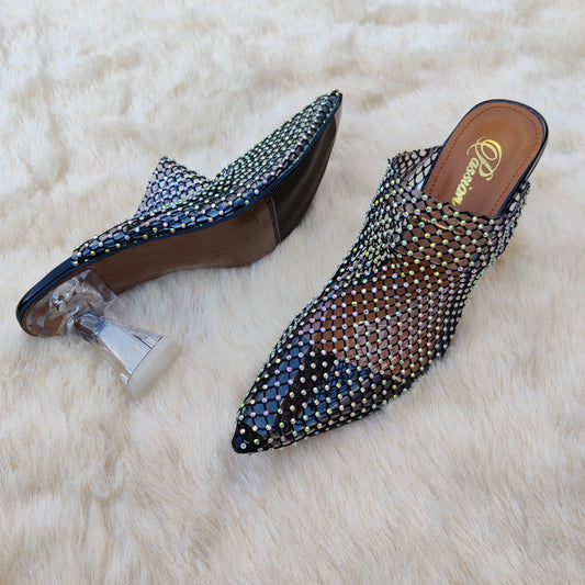 Black Crystal Mesh Slip-On Heels – Transparent Block Heel Mules for Women