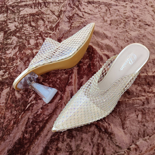 Crystal Mesh Slip-On Heels for Women – Transparent Block Heel Mules
