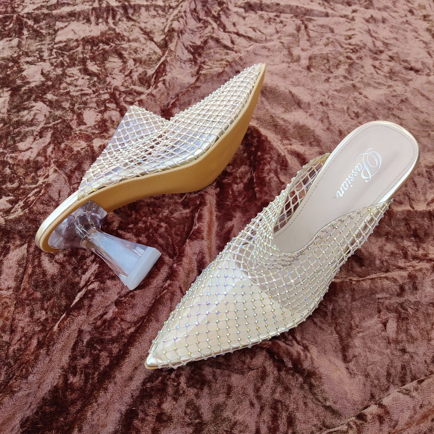 Crystal Mesh Slip-On Heels for Women – Transparent Block Heel Mules