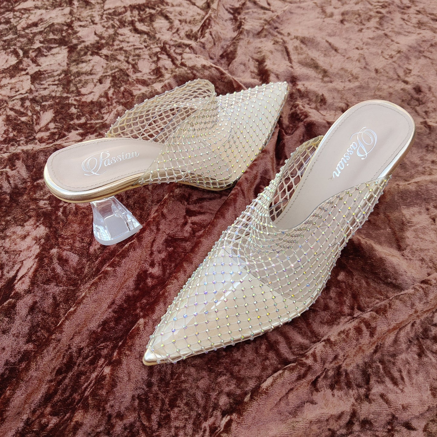 Crystal Mesh Slip-On Heels for Women – Transparent Block Heel Mules
