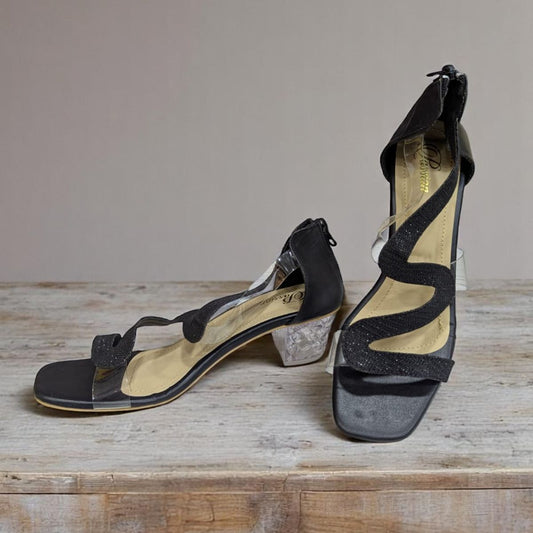 Chic Black Strappy Sandals with Glitter Sparkle