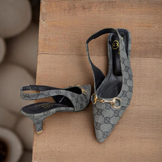 Horsebit Slingback Gray Pump Heels Canvas