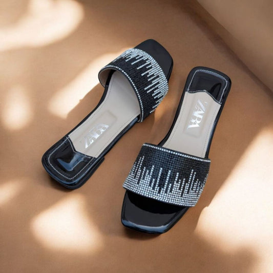 Shining Diamond Flat Black Slippers