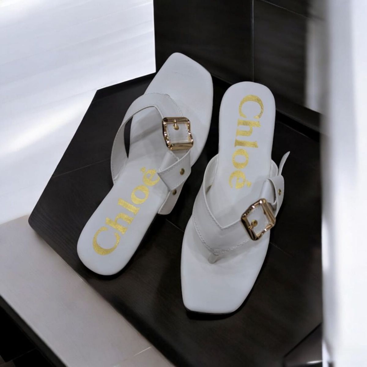 Flat Mae Buckle Embellished White Slippers