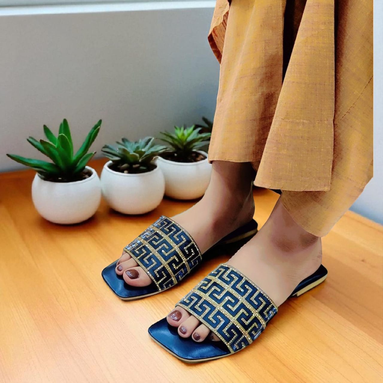 Women's Black Designer Slides with Greek Key Rhinestone Detailing – Luxury Flat Sandals