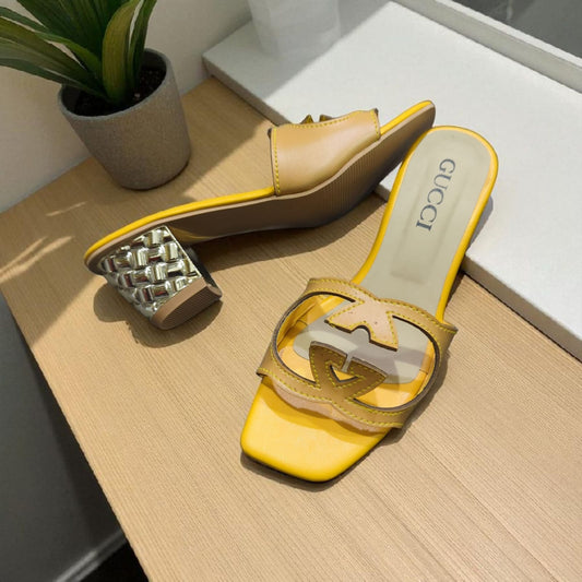 Women's Yellow & Beige Designer Heeled Slides – Metallic Block Heel | Luxury Summer Sandals