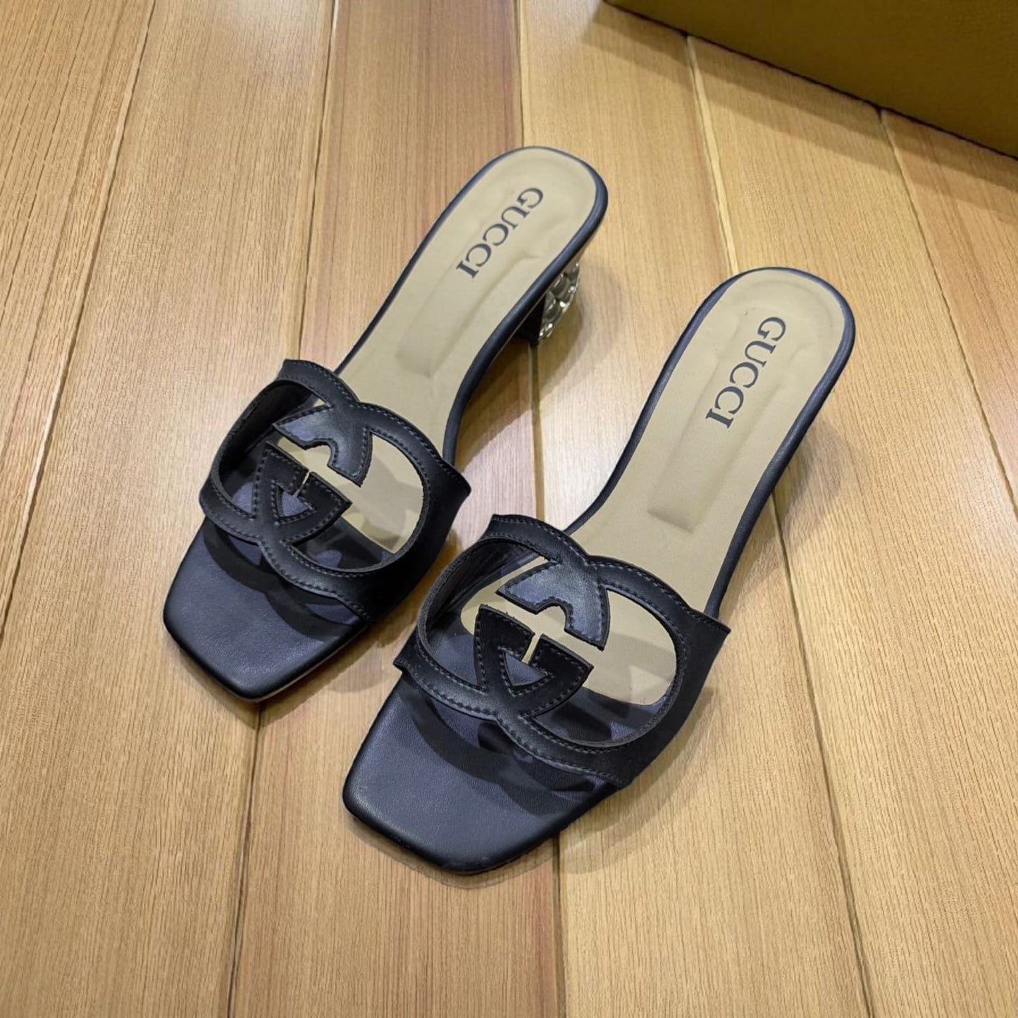 Women's Black Designer Slide Heels with Metallic Block – Luxury Square Toe Sandals