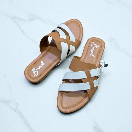 Tan & White Cross-Strap Flat Sandals for Women