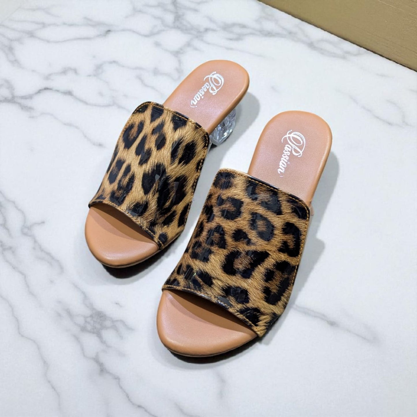 Leo-pard Print Slip-On Sandals with 2-Inch Clear Block Heel