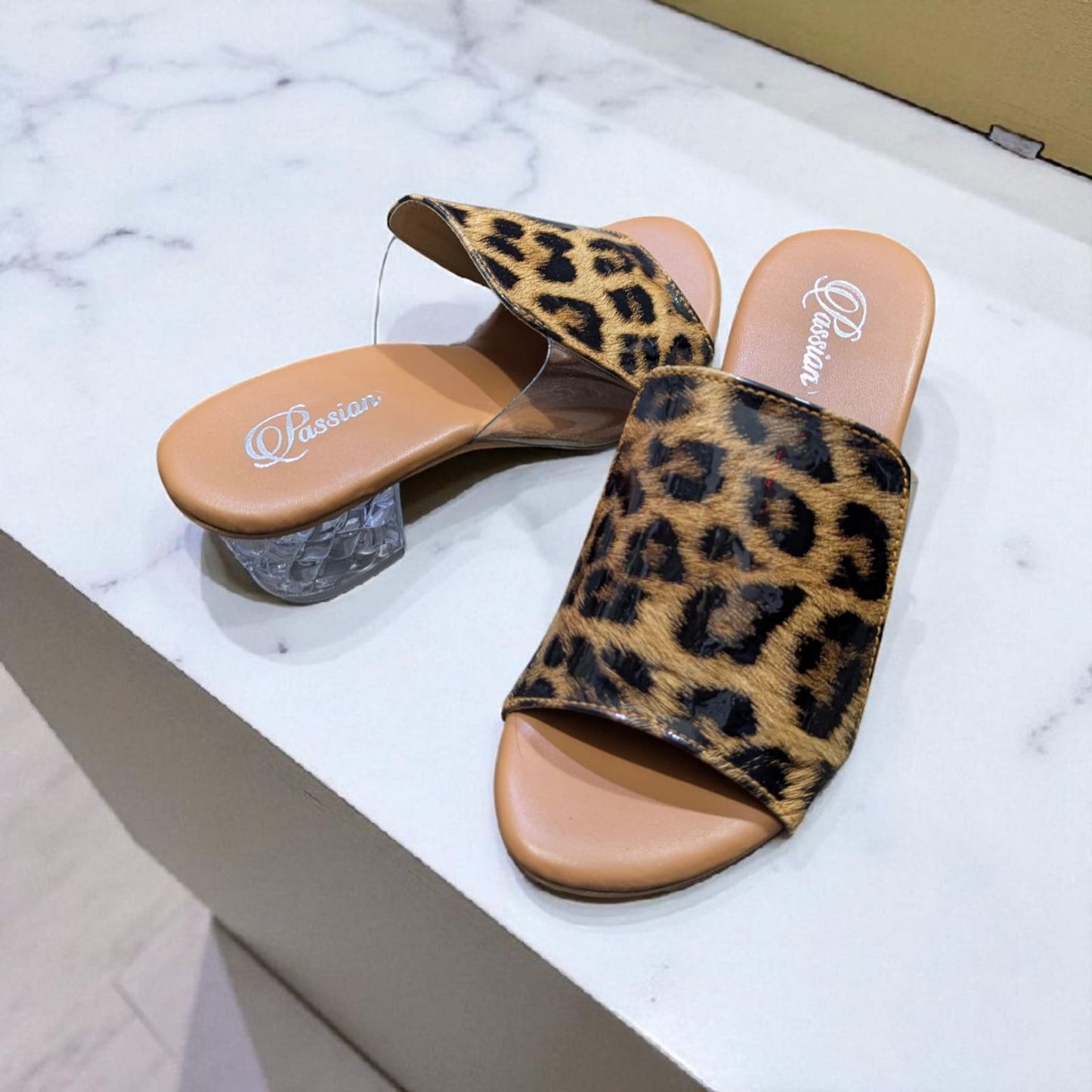 Leo-pard Print Slip-On Sandals with 2-Inch Clear Block Heel