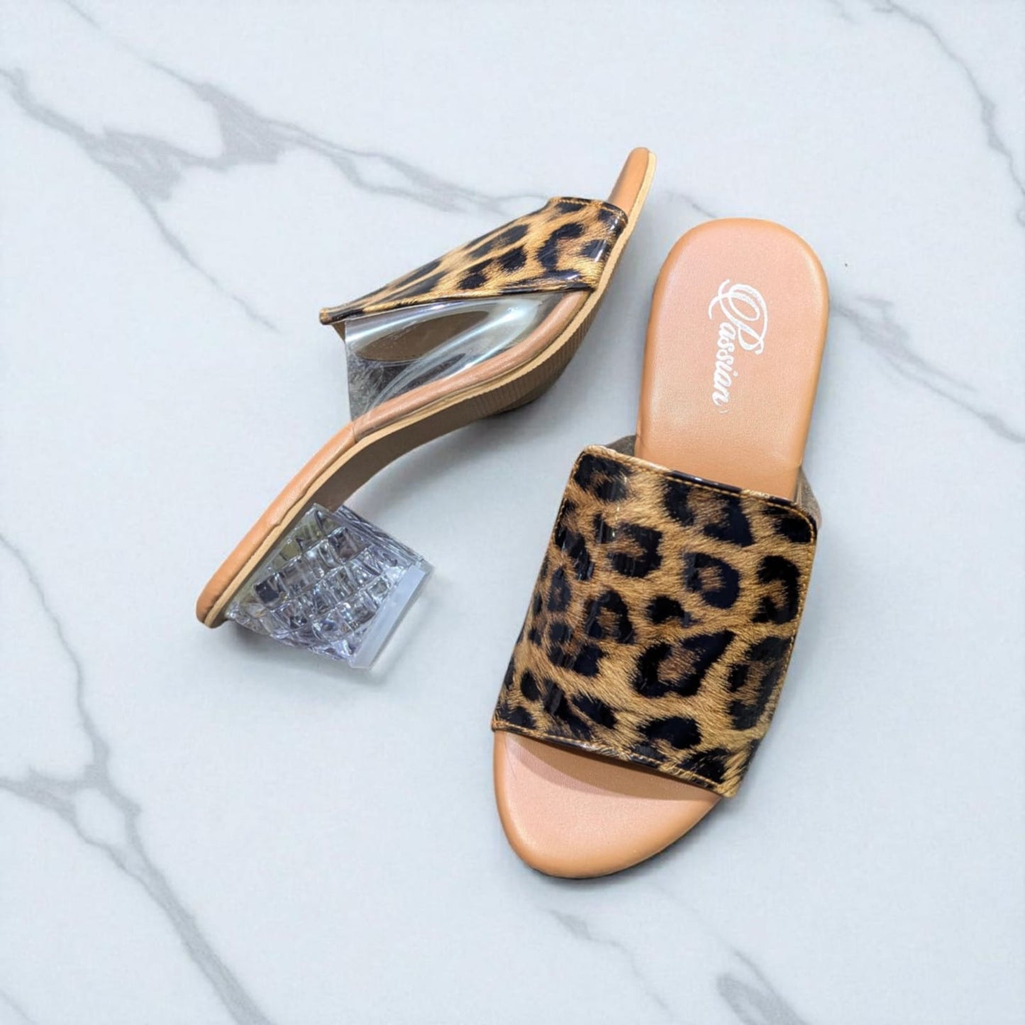 Leo-pard Print Slip-On Sandals with 2-Inch Clear Block Heel