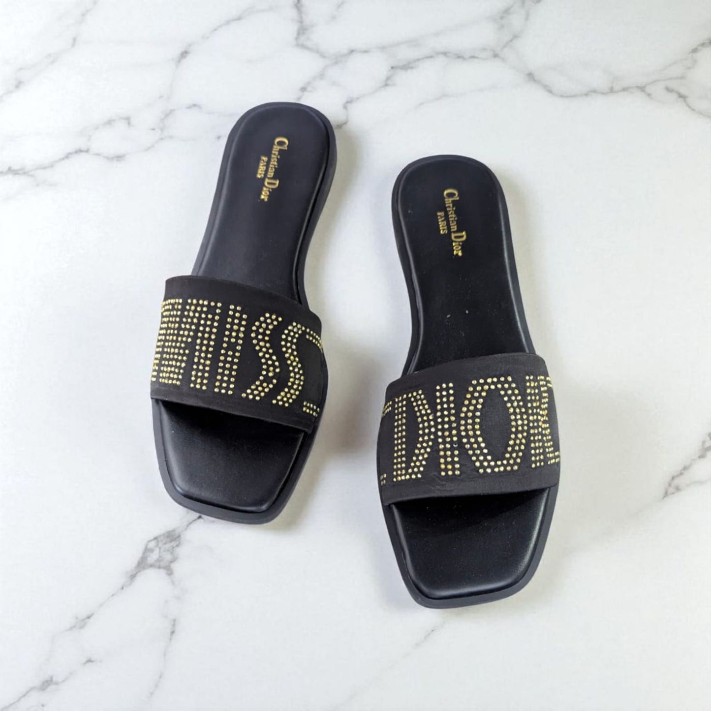 Luxury MISS DI-O-R Black Flat Slides – Crystal Studded Designer Look