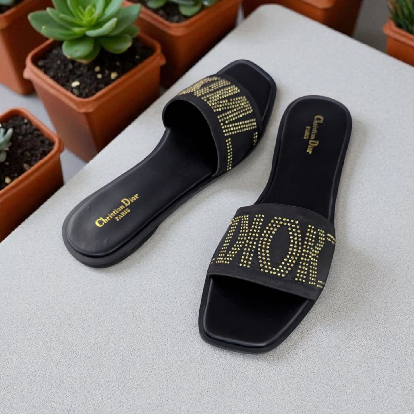 Luxury MISS DI-O-R Black Flat Slides – Crystal Studded Designer Look