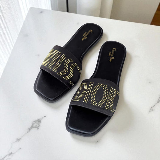 Luxury MISS DI-O-R Black Flat Slides – Crystal Studded Designer Look