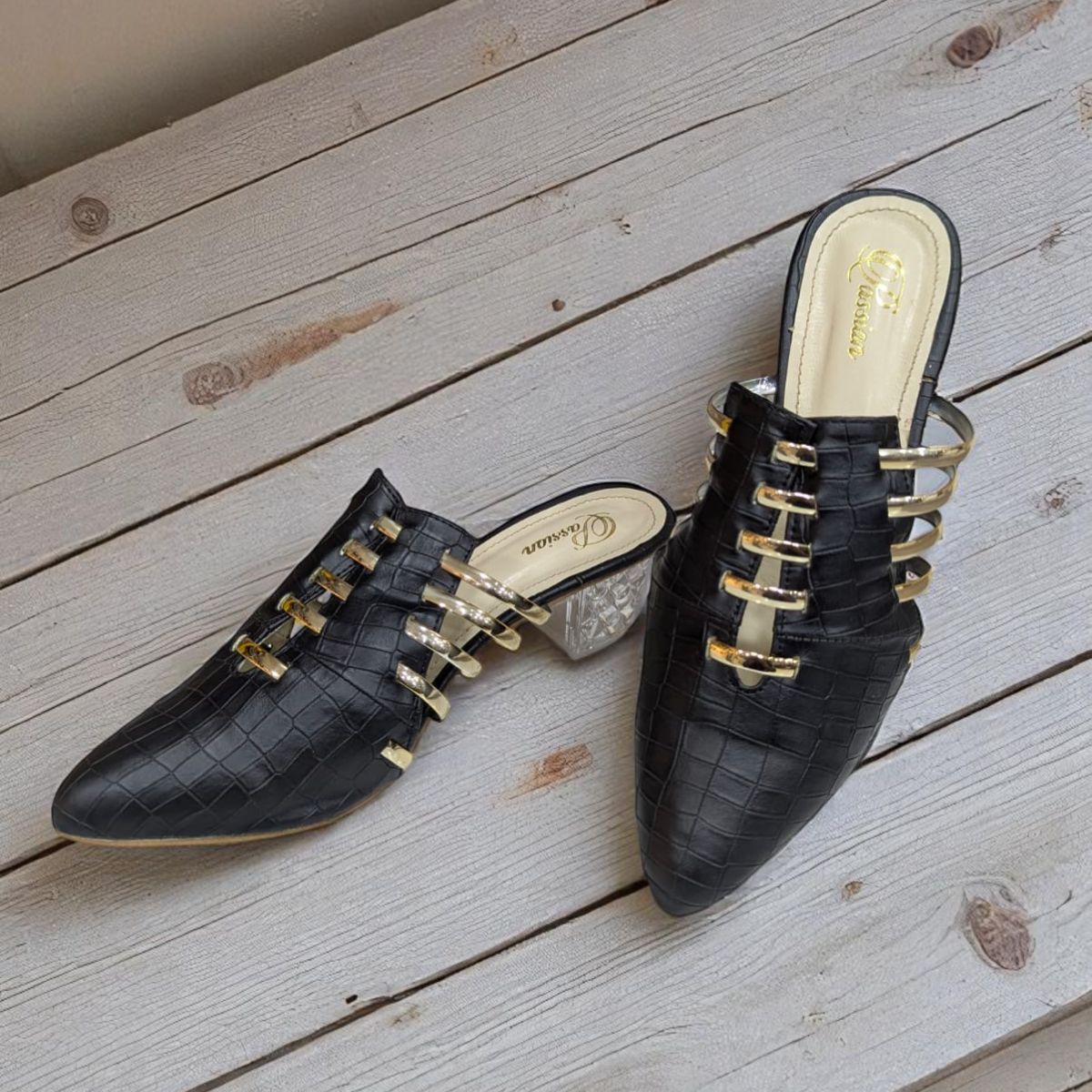 Black Pump Slipper with Golden Strip Sandal