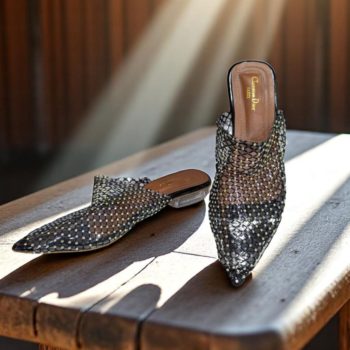 Sparkling Situation Black net Flat Swarovski Crystals Sandal
