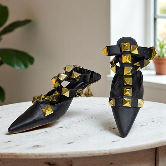 Black Valentino Garavani Roman Stud Ballet in Calfskin Heels Sandal