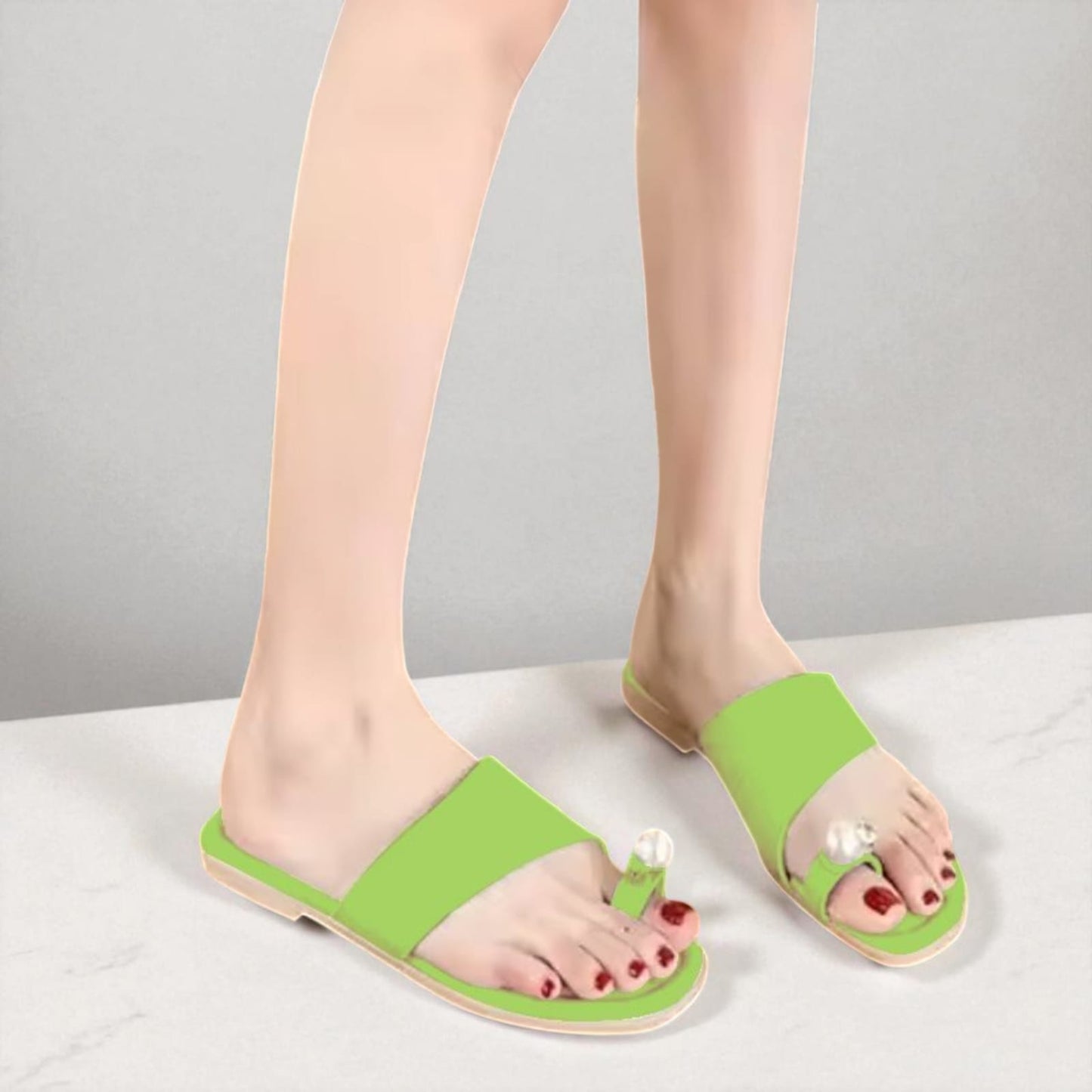 Women's Lime Green Toe Ring Flats with Pearl Detail – Stylish Summer Sandals
