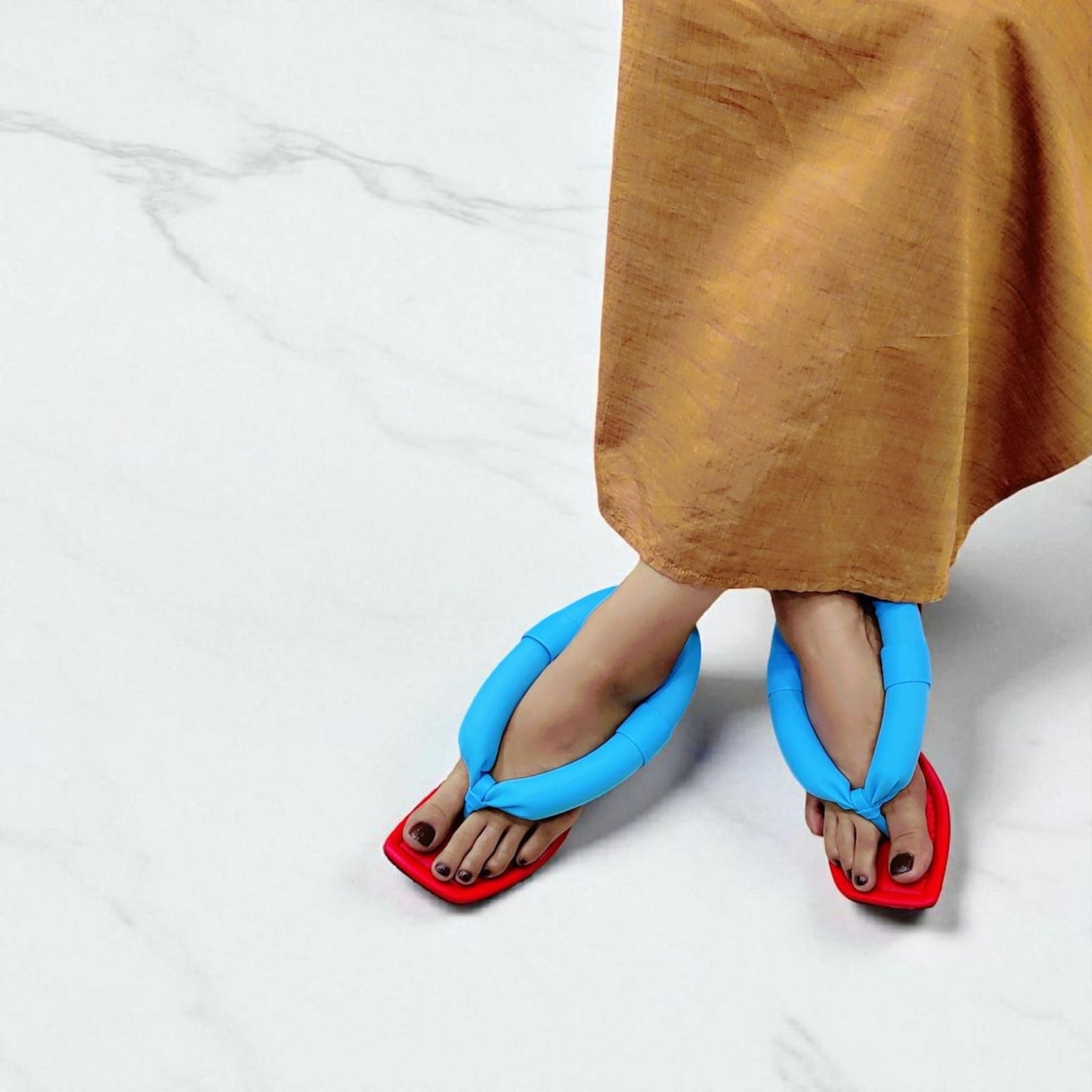 Women's Bold Red & Blue Puffy Strap Square Toe Sandals – Trendy Casual Flip Flops