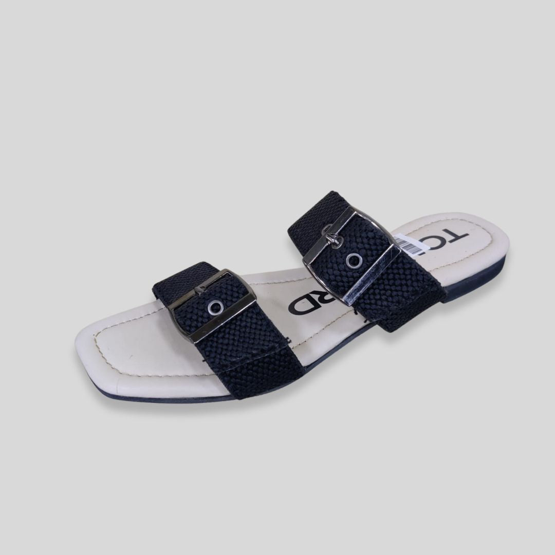 T-o-m F-or-d Inspired Dual Buckle Black Slides – Women’s Casual Flat Sandals