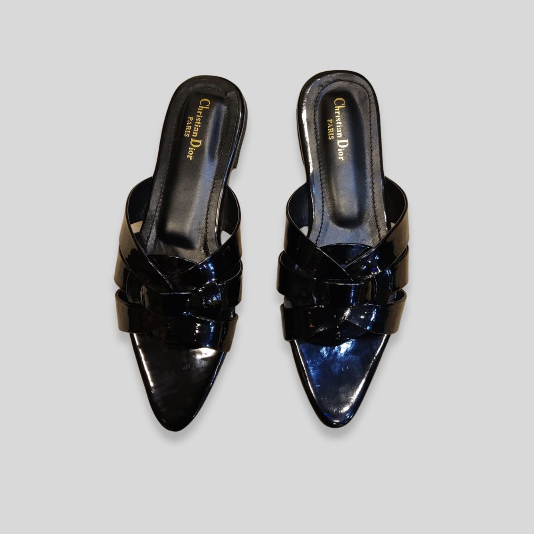 Women's Black Patent Crisscross Flats – Christian Dior Inspired Designer Slides