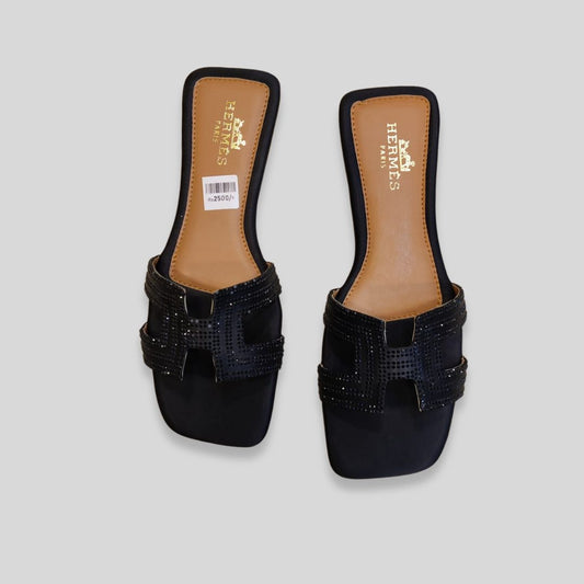 Elegant Black H-Strap Studded Flat Sandals – H-erm-es Inspired Women’s Footwear