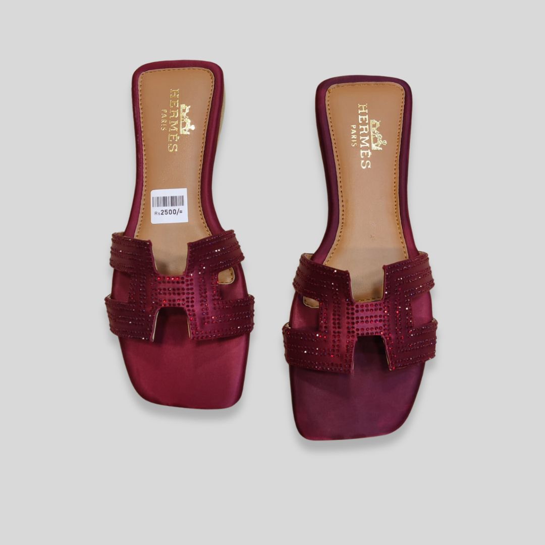 Women's Maroon Satin Crystal Flats – H-erm-es Inspired Designer Slides